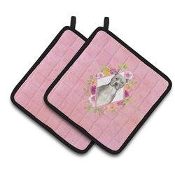CK4269PTHD 7.5 x 7.5 in. Blue Pit Bull Terrier Pink Flowers Pair of Pot Holders