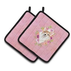 CK4243PTHD 7.5 x 7.5 in. Corgi Pink Flowers Pair of Pot Holders