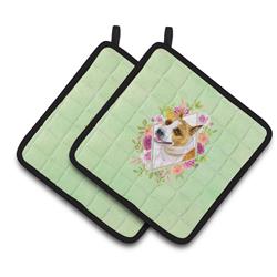 CK4274PTHD 7.5 x 7.5 in. Bull Terrier Green Flowers Pair of Pot Holders