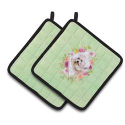 CK4279PTHD 7.5 x 7.5 in. Bichon Frise No.1 Green Flowers Pair of Pot Holders