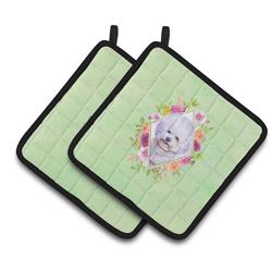 CK4280PTHD 7.5 x 7.5 in. Bichon Frise No.2 Green Flowers Pair of Pot Holders