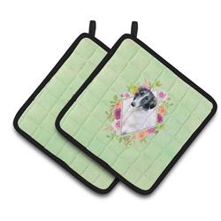 CK4282PTHD 7.5 x 7.5 in. Borzoi Green Flowers Pair of Pot Holders