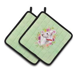 CK4284PTHD 7.5 x 7.5 in. Bull Terrier Green Flowers Pair of Pot Holders