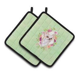 CK4287PTHD 7.5 x 7.5 in. Long Hair Chihuahua Green Flowers Pair of Pot Holders