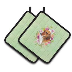 7.5 x 7.5 in. Dachshund Red No.1 Green Flowers Pair of Pot Holders