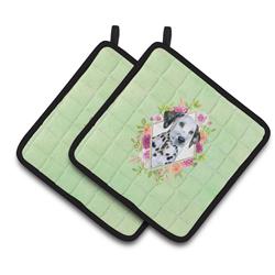 CK4296PTHD 7.5 x 7.5 in. Dalmatian Puppy Green Flowers Pair of Pot Holders