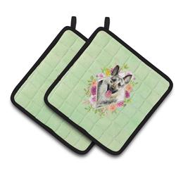 CK4299PTHD 7.5 x 7.5 in. Eastern German Shepherd Green Flowers Pair of Pot Holders