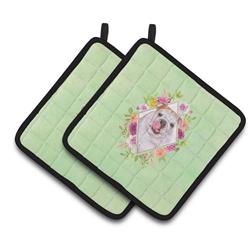 CK4300PTHD 7.5 x 7.5 in. English Bulldog Green Flowers Pair of Pot Holders