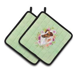 CK4301PTHD 7.5 x 7.5 in. Jack Russell Terrier Green Flowers Pair of Pot Holders