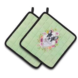 CK4303PTHD 7.5 x 7.5 in. French Bulldog Green Flowers Pair of Pot Holders