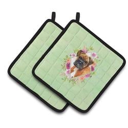 CK4305PTHD 7.5 x 7.5 in. German Boxer Green Flowers Pair of Pot Holders