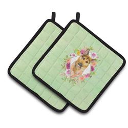 CK4307PTHD 7.5 x 7.5 in. German Shepherd No.2 Green Flowers Pair of Pot Holders