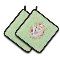 7.5 x 7.5 in. Red Siberian Husky Green Flowers Pair of Pot Holders