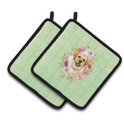 CK4309PTHD 7.5 x 7.5 in. Golden Retriever Green Flowers Pair of Pot Holders