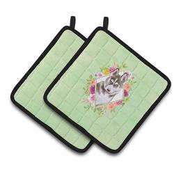 CK4312PTHD 7.5 x 7.5 in. Siberian Husky No.2 Green Flowers Pair of Pot Holders