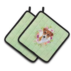 CK4316PTHD 7.5 x 7.5 in. Jack Russell Terrier No.2 Green Flowers Pair of Pot Holders