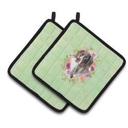 CK4317PTHD 7.5 x 7.5 in. German Shorthaired Pointer Green Flowers Pair of Pot Holders