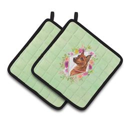 CK4321PTHD 7.5 x 7.5 in. Miniature Pinscher Green Flowers Pair of Pot Holders