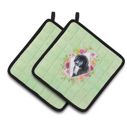 CK4324PTHD 7.5 x 7.5 in. Newfoundland Puppy Green Flowers Pair of Pot Holders