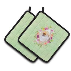 CK4330PTHD 7.5 x 7.5 in. Pomeranian No.2 Green Flowers Pair of Pot Holders