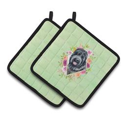 CK4336PTHD 7.5 x 7.5 in. Russian Black Terrier Green Flowers Pair of Pot Holders