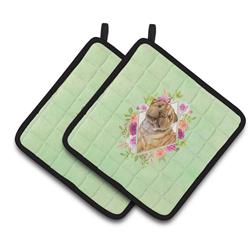 CK4341PTHD 7.5 x 7.5 in. Shar Pei Green Flowers Pair of Pot Holders
