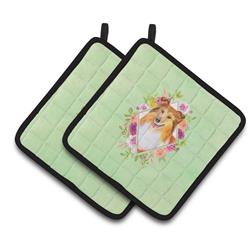 CK4342PTHD 7.5 x 7.5 in. Sheltie Shetland Sheepdog Green Flowers Pair of Pot Holders