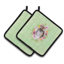 CK4344PTHD 7.5 x 7.5 in. Shih Tzu Green Flowers Pair of Pot Holders