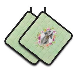 CK4351PTHD 7.5 x 7.5 in. Weimaraner Green Flowers Pair of Pot Holders