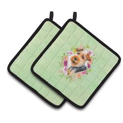 CK4352PTHD 7.5 x 7.5 in. Welsh Terrier Green Flowers Pair of Pot Holders