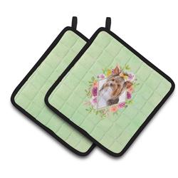 CK4354PTHD 7.5 x 7.5 in. Yorkshire Terrier No.1 Green Flowers Pair of Pot Holders