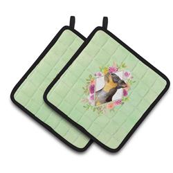 CK4356PTHD 7.5 x 7.5 in. Black Miniature Pinscher Green Flowers Pair of Pot Holders