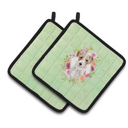 CK4358PTHD 7.5 x 7.5 in. Jack Russell Terrier Green Flowers Pair of Pot Holders