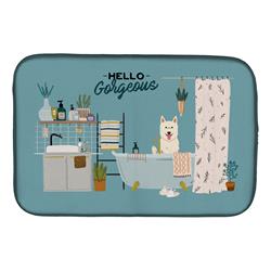 14 x 21 in. White German Shepherd in Bathtub Dish Drying Mat