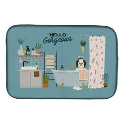 14 x 21 in. Black White Shih Tzu in Bathtub Dish Drying Mat