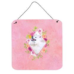 6 x 6 in. Samoyed Pink Flowers Wall or Door Hanging Prints