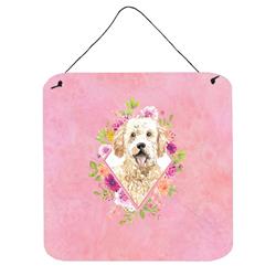 6 x 6 in. Goldendoodle Pink Flowers Wall or Door Hanging Prints