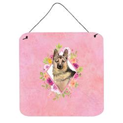 6 x 6 in. German Shepherd Pink Flowers Wall or Door Hanging Prints