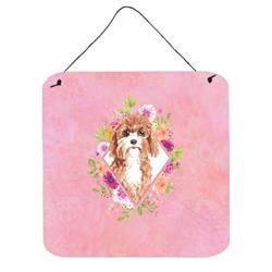 6 x 6 in. Cavapoo Pink Flowers Wall or Door Hanging Prints