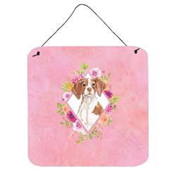 6 x 6 in. Brittany Spaniel Pink Flowers Wall or Door Hanging Prints