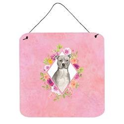 6 x 6 in. Blue Pit Bull Terrier Pink Flowers Wall or Door Hanging Prints