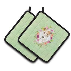 CK4359PTHD 7.5 x 7.5 in. Fox Terrier Green Flowers Pair of Pot Holders