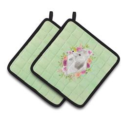 7.5 x 7.5 in. White Standard Poodle Green Flowers Pair of Pot Holders