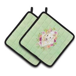 7.5 x 7.5 in. White Collie Green Flowers Pair of Pot Holders