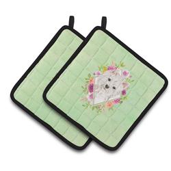 CK4363PTHD 7.5 x 7.5 in. Westie Green Flowers Pair of Pot Holders