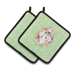 CK4370PTHD 7.5 x 7.5 in. Siberian Husky Green Flowers Pair of Pot Holders