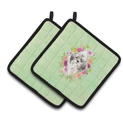 CK4371PTHD 7.5 x 7.5 in. Shih Tzu Puppy Green Flowers Pair of Pot Holders