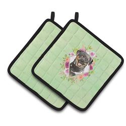 Picture of Carolines Treasures CK4377PTHD 7.5 x 7.5 in. Rottweiler Green Flowers Pair of Pot Holders