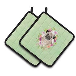 CK4378PTHD 7.5 x 7.5 in. Fawn Pug Green Flowers Pair of Pot Holders
