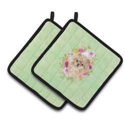 CK4379PTHD 7.5 x 7.5 in. Pomeranian Green Flowers Pair of Pot Holders